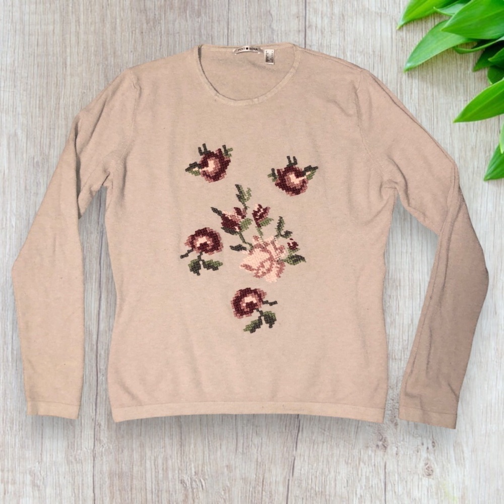 Punt Roma | Vintage Sweater With Embroidered Roses | Beige